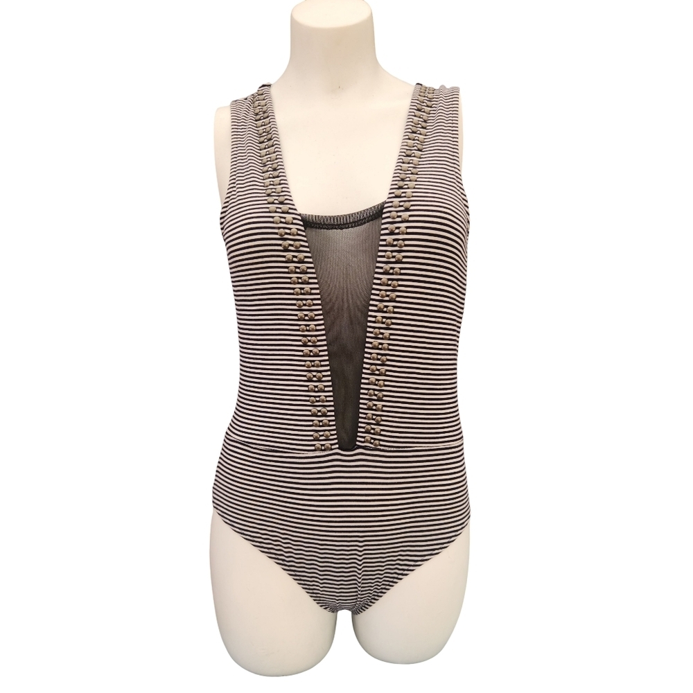 Gimmicks Buckle Striped Cutout Mesh Open Back Bodysuit X-SMALL